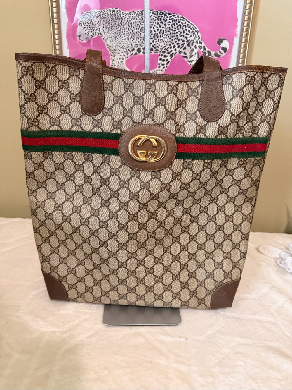 Gucci Brown GG Supreme Canvas Tote with Green-Red Stripe and Gold Hardware - Picture 2 of 16